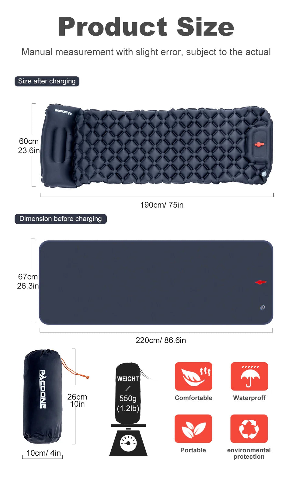 Outdoor Camping Inflatable Mattress with Pillow – Ultralight Air Mat with Built-In Pump for Hiking