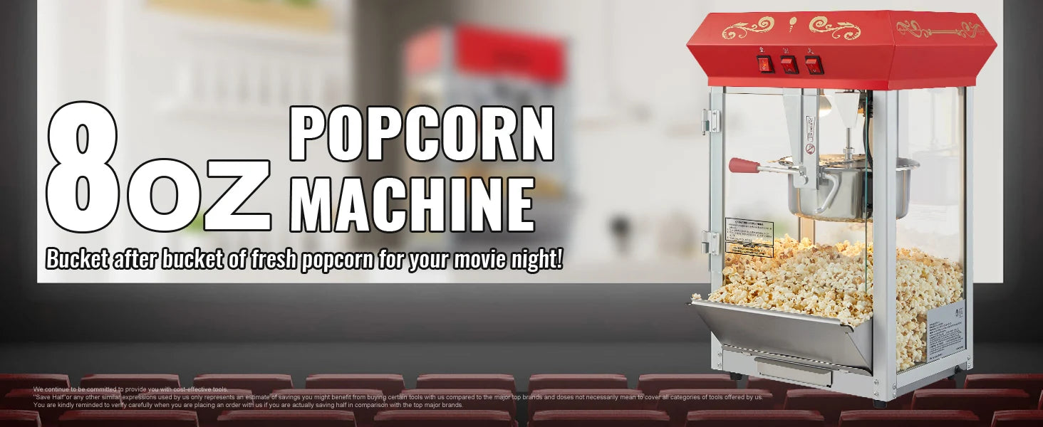 Commercial Electric Popcorn Maker 8/12oz — Automatic Popper with SUS304 Heating Tube
