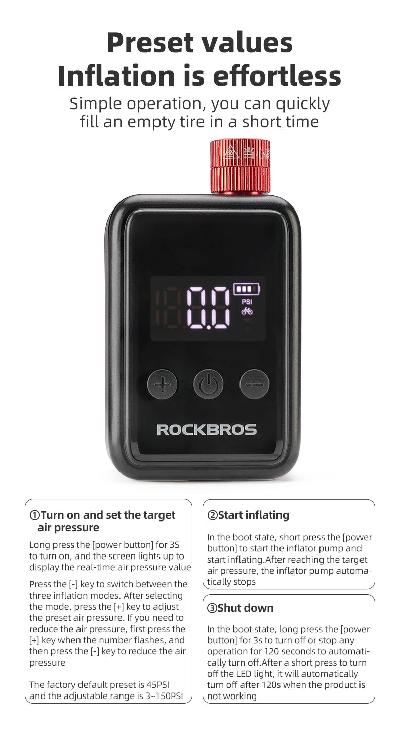 ROCKBROS Pocket Electric Bike Tire Pump with Digital Display