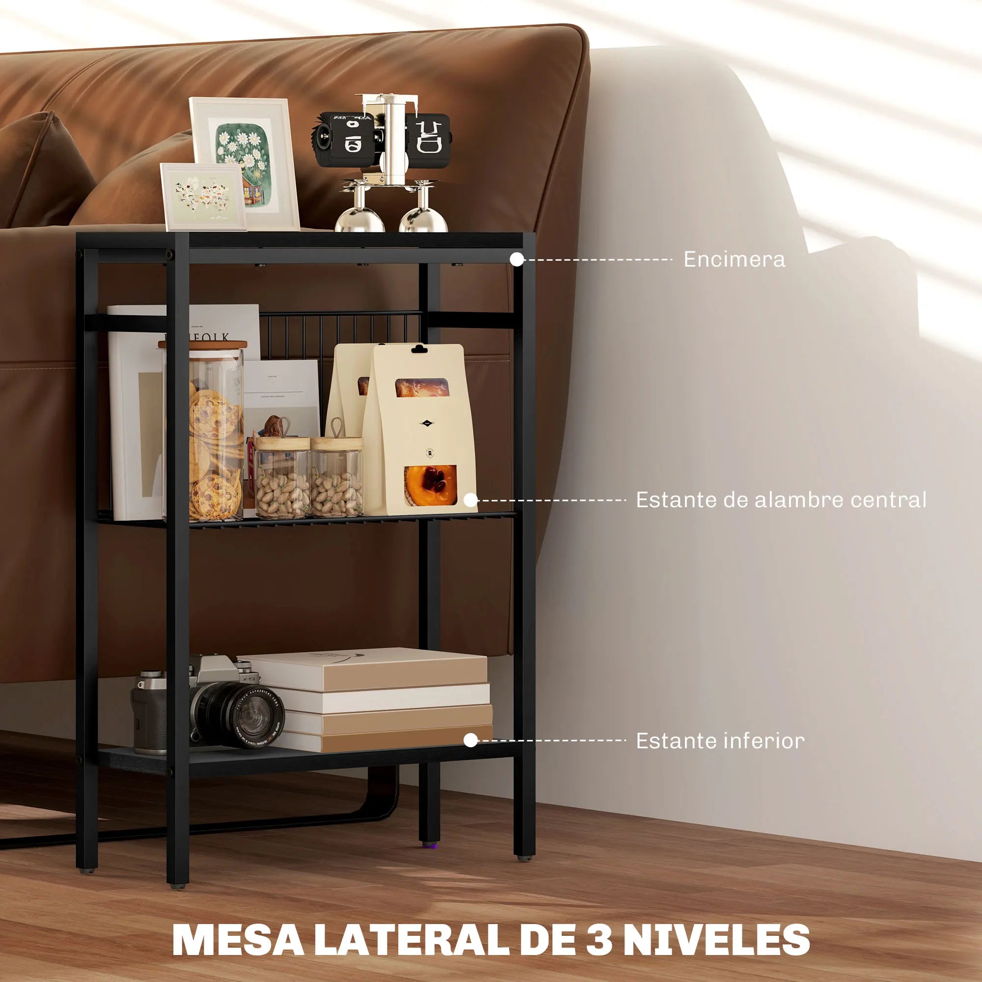 Homcom Narrow Side Table with 3 Levels with Open Shelves and Steel Structure for Living Room Bedroom 43X18X62.5Cm