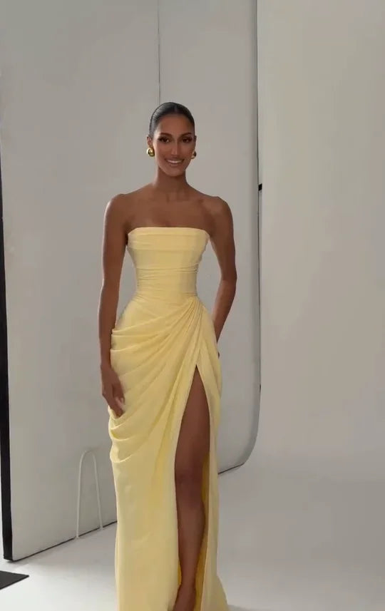 Sexy Strapless Pleated Maxi Dress – Off-Shoulder Backless High Waist Split Evening Party Gown