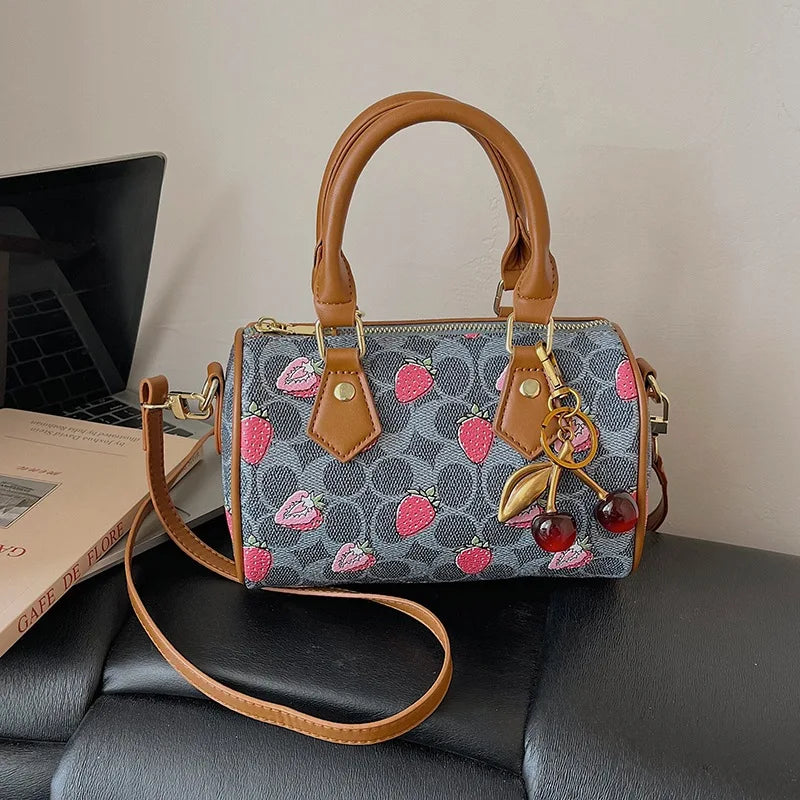 Cherry Print PU Leather Boston Crossbody Shoulder Bag – Luxury Designer Handbag for Women
