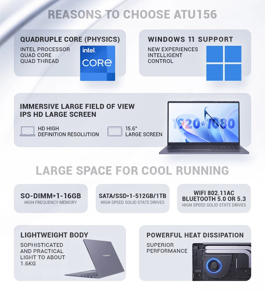 Firebat AT15 15.6" Intel N150 Business Laptop – 16GB DDR4, 1TB SSD, Backlit, Dual Camera, Windows 11 Pro