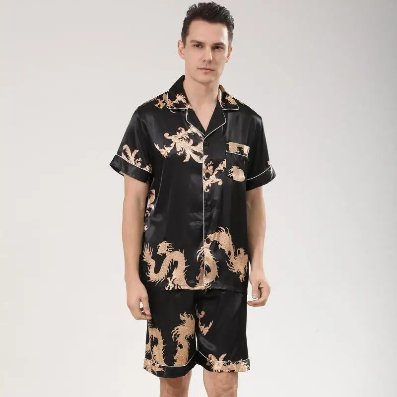 Men's Dragon Print Satin Pajama Set — Lapel Shirt & Shorts