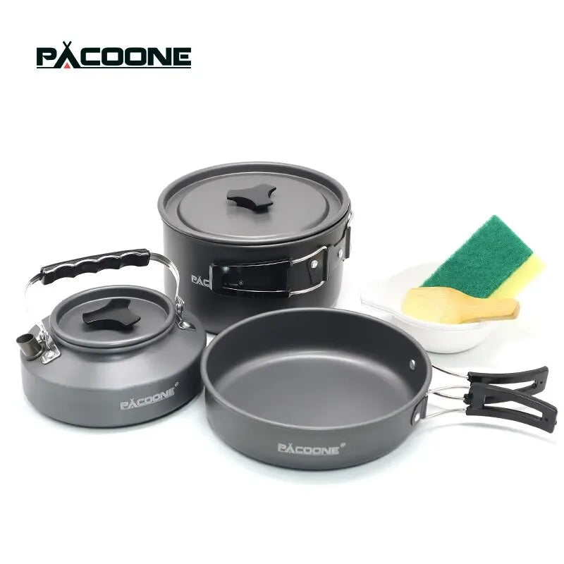 PACOONE Camping Cookware Set — Portable Outdoor Pot, Pan, Kettle & Tableware Kit