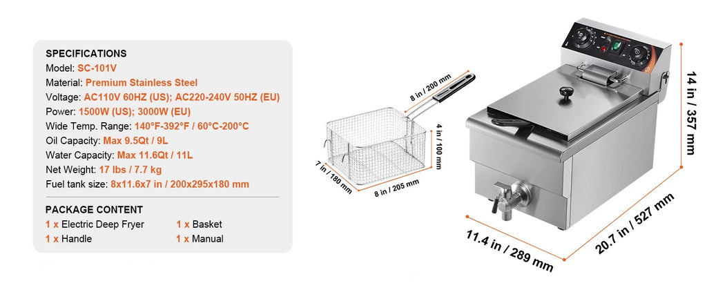 SucceBuy Commercial Electric Deep Fryer — 9.5Qt Stainless Steel Countertop Fryer with Basket, Timer & Temp Control