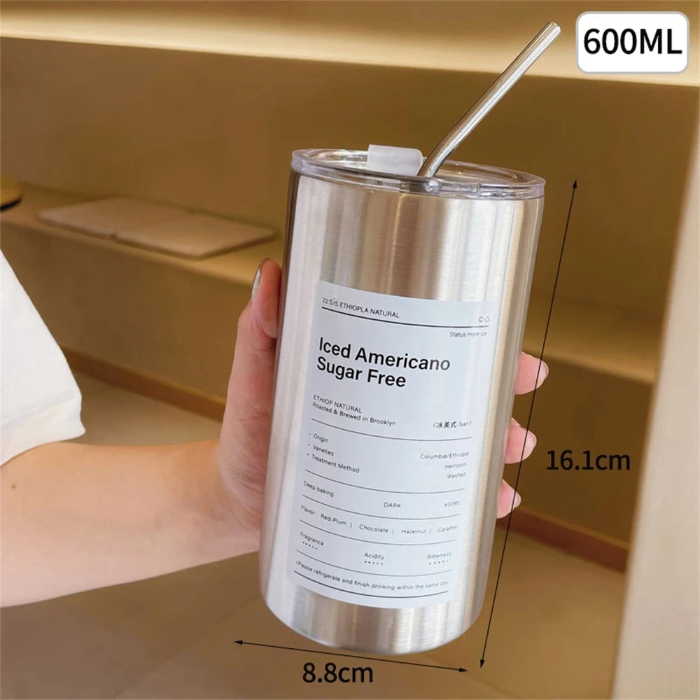 600ml Insulated Stainless Steel Thermos Coffee Mug with Straw – Vacuum Leak-Proof Travel Bottle, BPA-Free