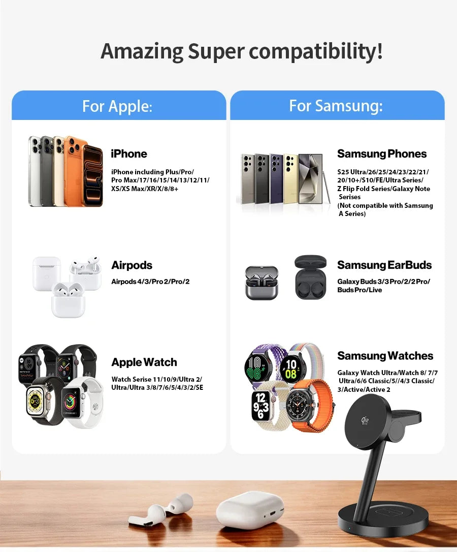 25W Qi2.2 Magnetic 3-in-1 Wireless Charging Station for iPhone & Apple Watch