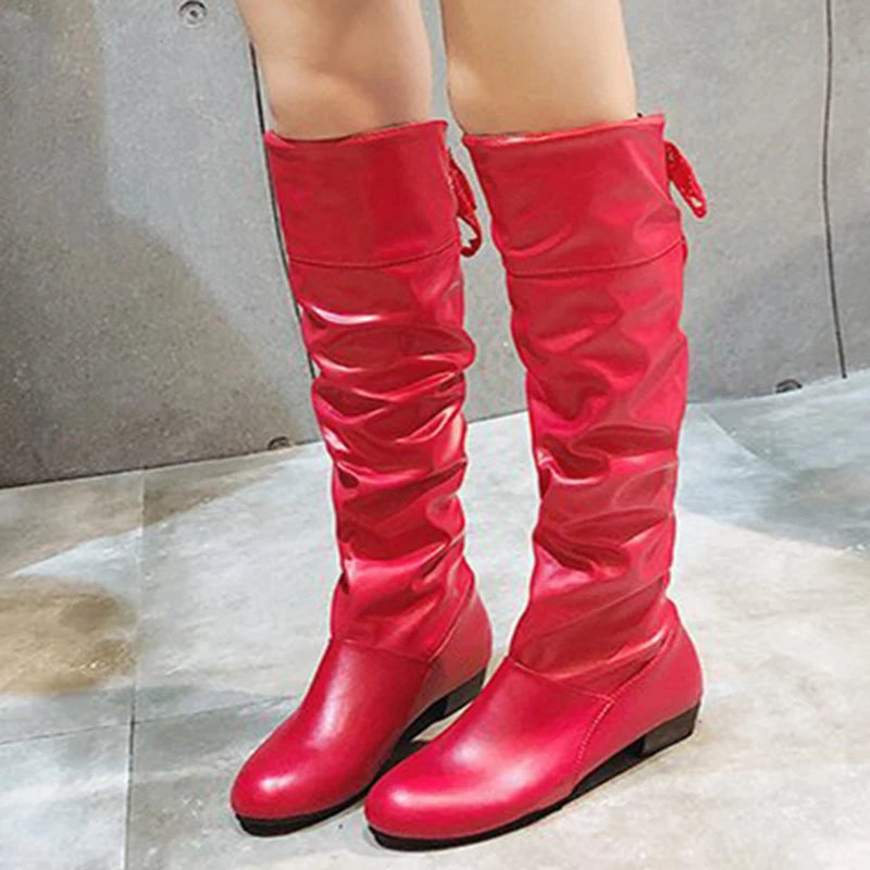 Women's Pleated Knee-High Boots — Low Heel Leather