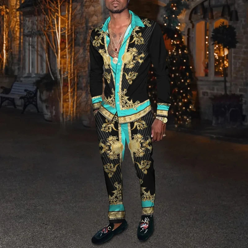 Men's 3D Retro Harajuku Print Long Sleeve Lapel Shirt & Long Pants 2-Piece Set