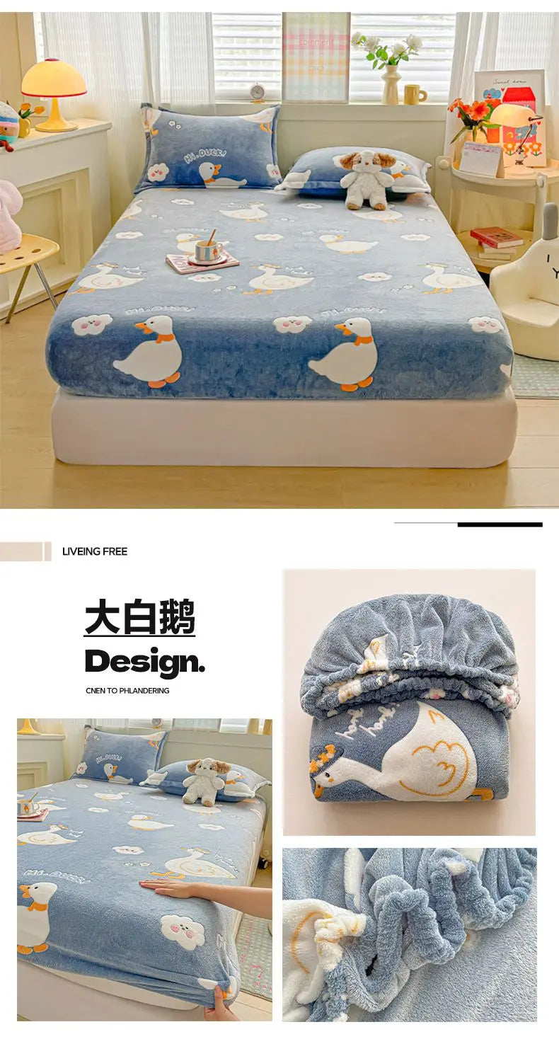 Flannel Fleece Fitted Bed Sheet – Warm Cartoon Purple, Elastic Single to King, Winter Bedsheet