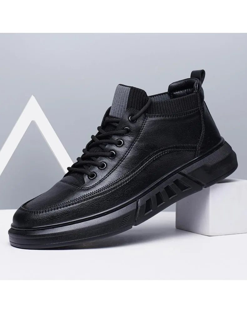 Men's Black Bonded Leather High-Top Shoes