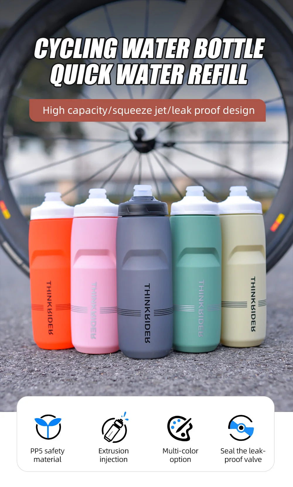 ThinkRider Cycling Water Bottle 620ml/750ml – Squeeze Jet, Leakproof, MTB & Road Bike Cage Compatible, 0–70°C