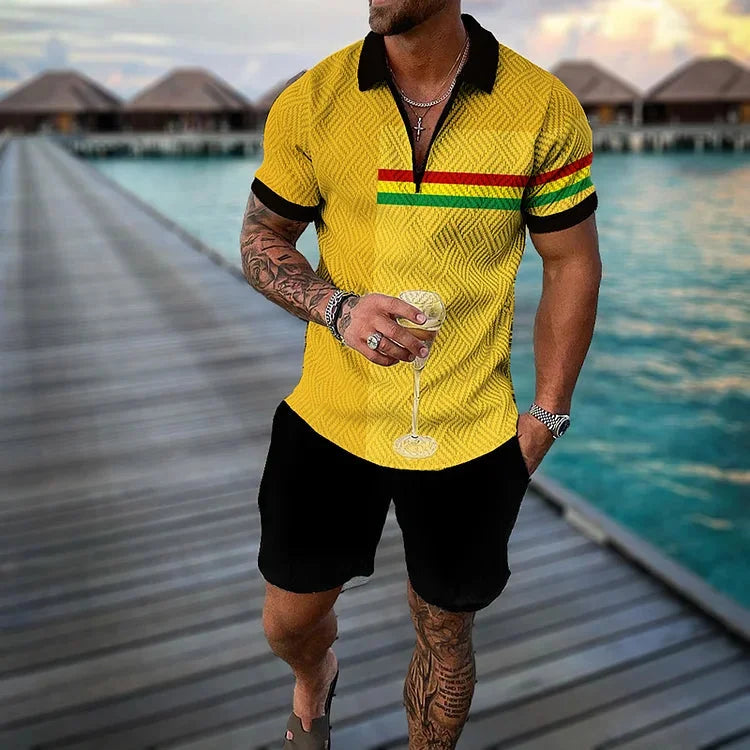 Men's 3D Printed Summer Tracksuit Set – Short Sleeve Polo Shirt & Shorts