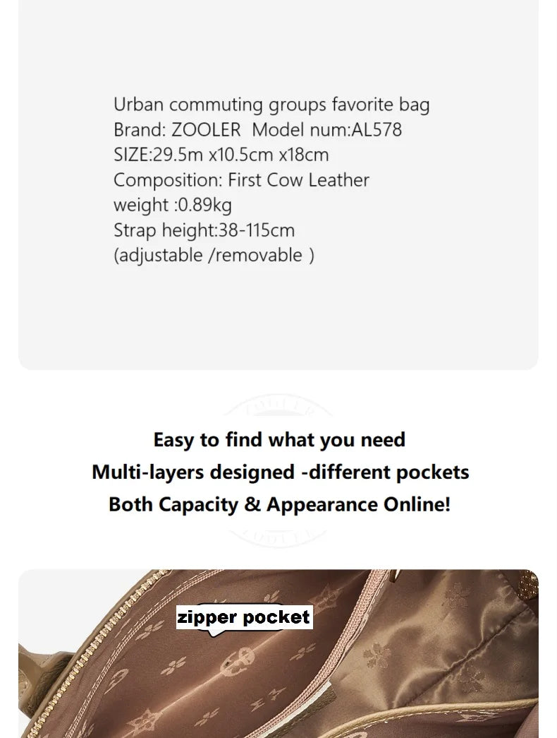 ZOOLER Genuine Cow Leather Flap Tote Bag – Luxury Lock Shoulder Crossbody Handbag for Women