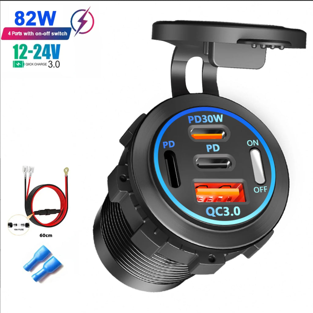 Car USB Charger with Voltmeter – PD3.0 & QC3.0 Fast Charging Socket for Motorcycle, Boat & Auto (12/24V)
