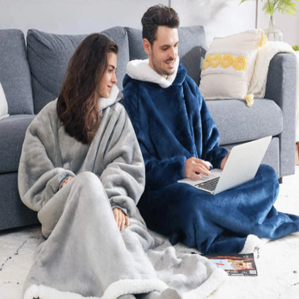 Super Long Flannel Blanket Hoodie – 180cm Oversized Fleece Sweatshirt with Sleeves for Women & Men
