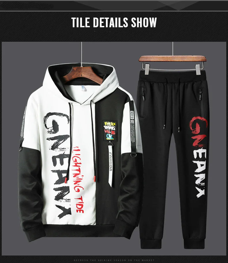 Men's Patchwork Hoodie & Sweatpants 2-Piece Tracksuit – Hip Hop Streetwear Set