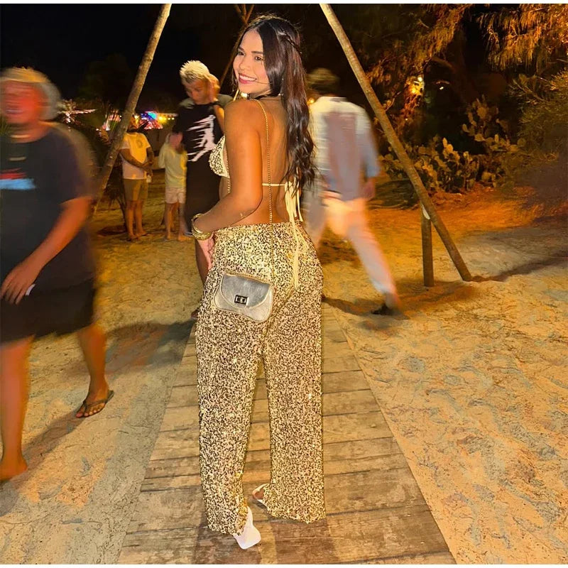 Sexy Sequin Bikini Pants 2-Piece Set | Off-Shoulder Halter, Sleeveless, Holiday Beach Outfit, S-L