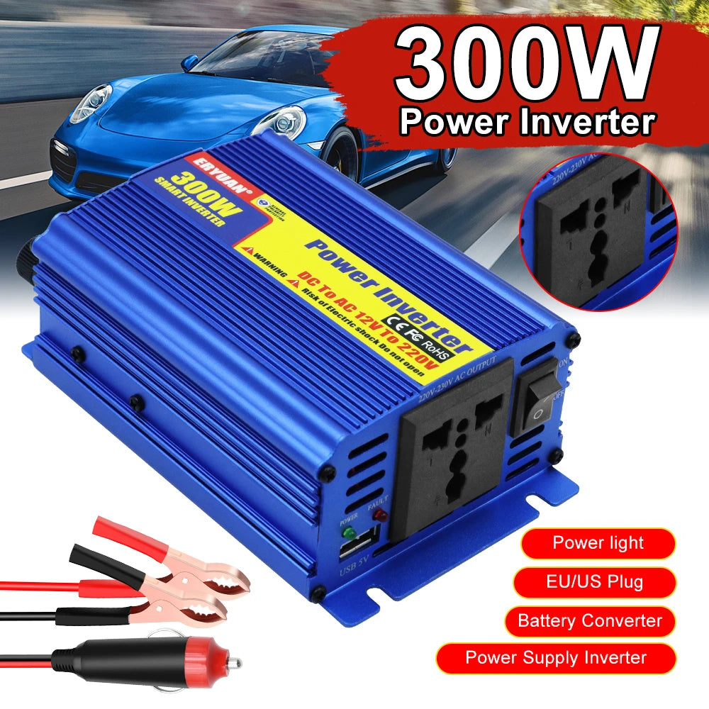 Blue 300W power inverter adapter with EU/US outlets, shown with red and black battery clamps and a car background, with text overlays.