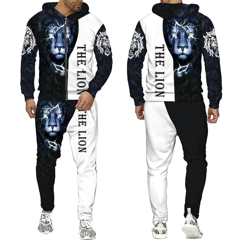 Men's 3D Lion Print Zip-Up Hoodie & Elastic Waist Pants Tracksuit Set