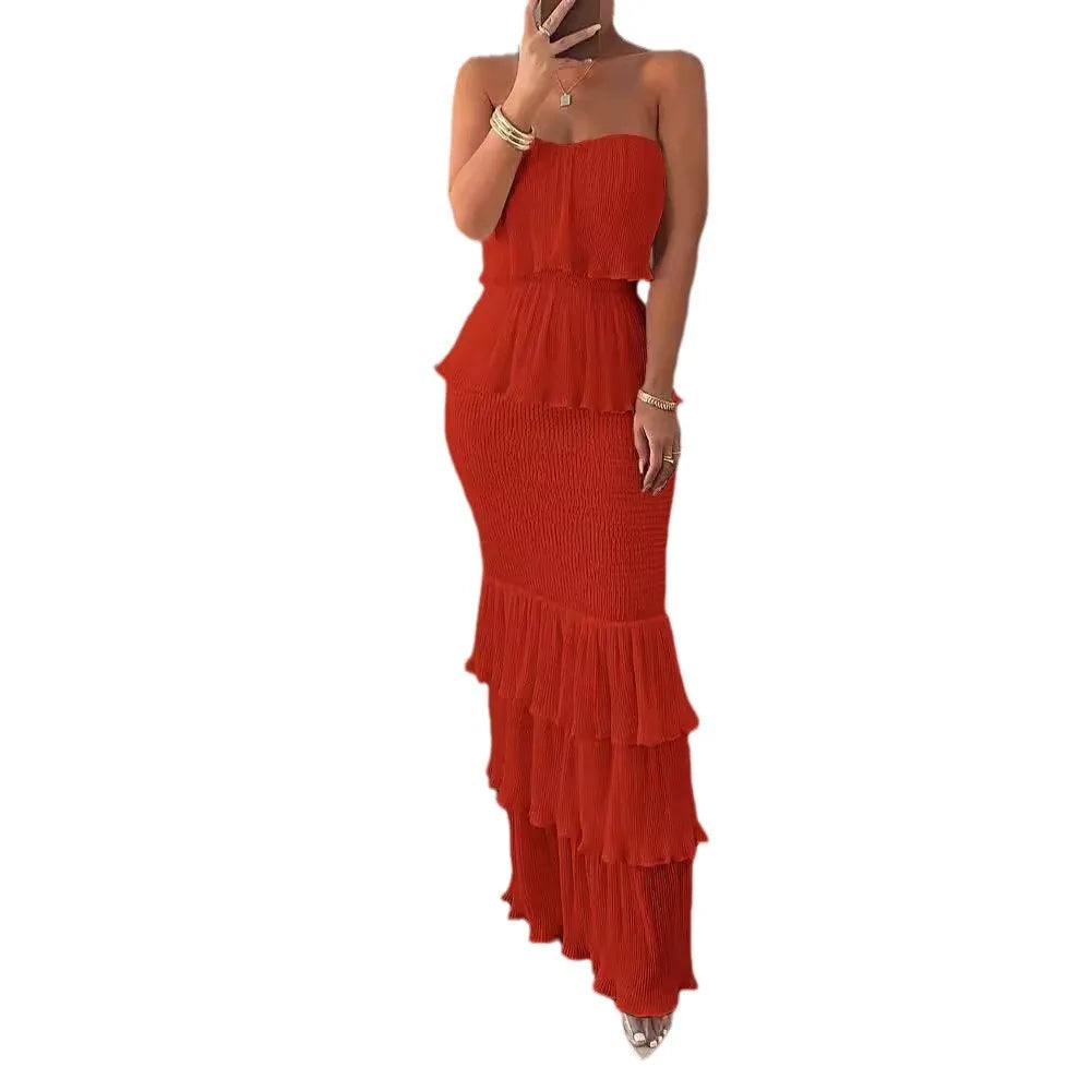 Bandeau Shirred Ruffle Layered Maxi Dress — Slim Fit Sleeveless Elegant Long Dress