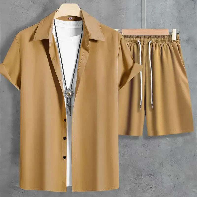 Men's Solid Color Button-Down Shirt & Drawstring Shorts Set – Hawaiian Beach 2-Piece