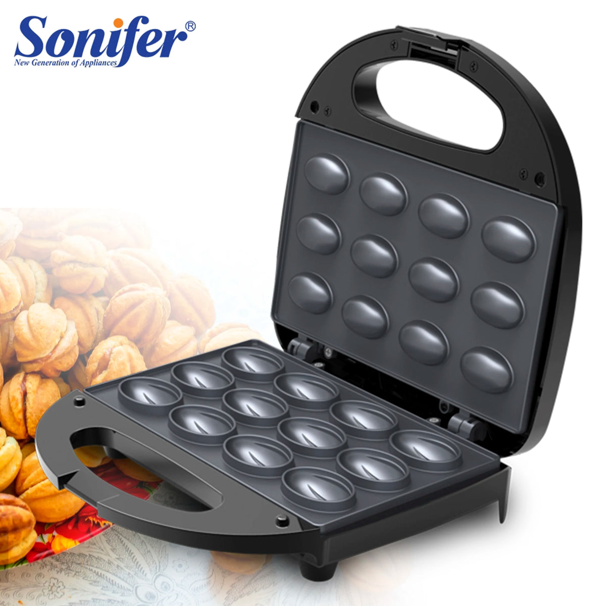 Sonifer 750W Electric Walnut Cake & Waffle Maker – Non-Stick Iron Pan, Breakfast Kitchen Appliance