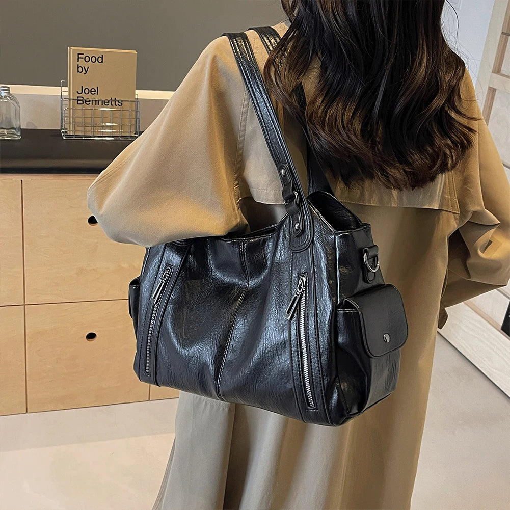 PU Leather Tote Bag with Zipper for Women — Multi-Pocket Shoulder Bag, Retro Crossbody Handbag
