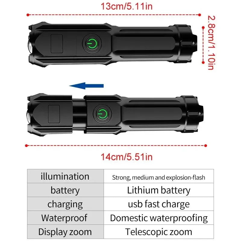 F15-T Tactical LED Flashlight – Zoomable, 4-Mode, USB Rechargeable, Waterproof Fishing Hunting Camping Torch