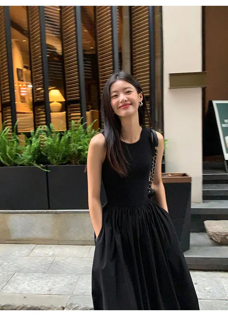 Women's Vintage Black Midi Dress – O-Neck Office Lady Casual Style with Pockets