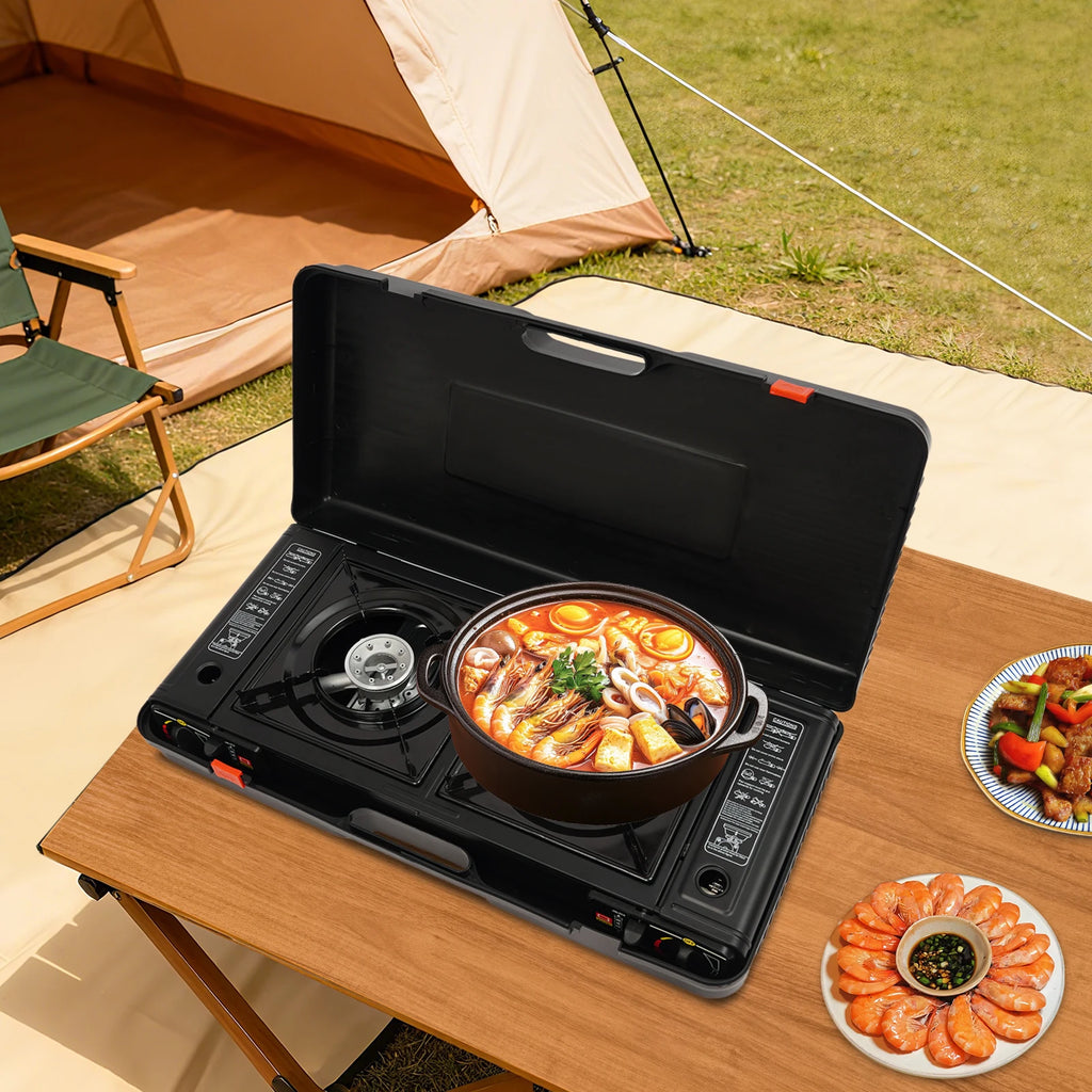 2-Burner Portable Camping Stove — 2500W Each, Butane/LPG, Piezo Ignition, Carry Case Included