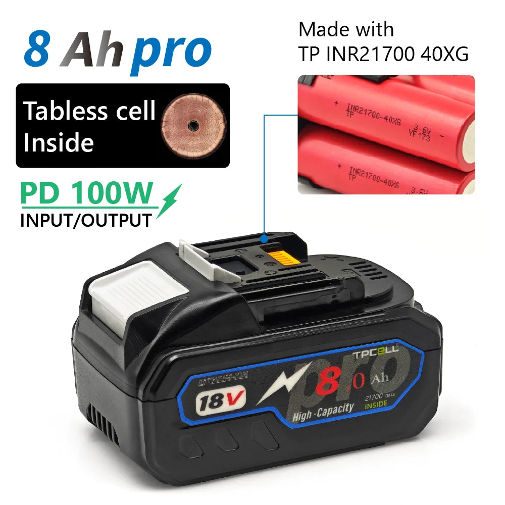 TPCELL PD100W Makita 18V Replacement Battery – 8Ah/10Ah Li-ion with USB-C Connector & 21700 Tabless Cells