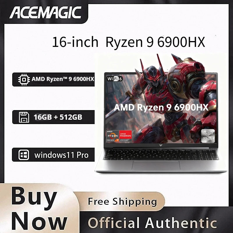 ACEMAGIC 16" AMD Ryzen 9 6900HX Gaming Laptop – 16GB LPDDR5, 512GB NVMe SSD, Radeon 680M, Windows 11