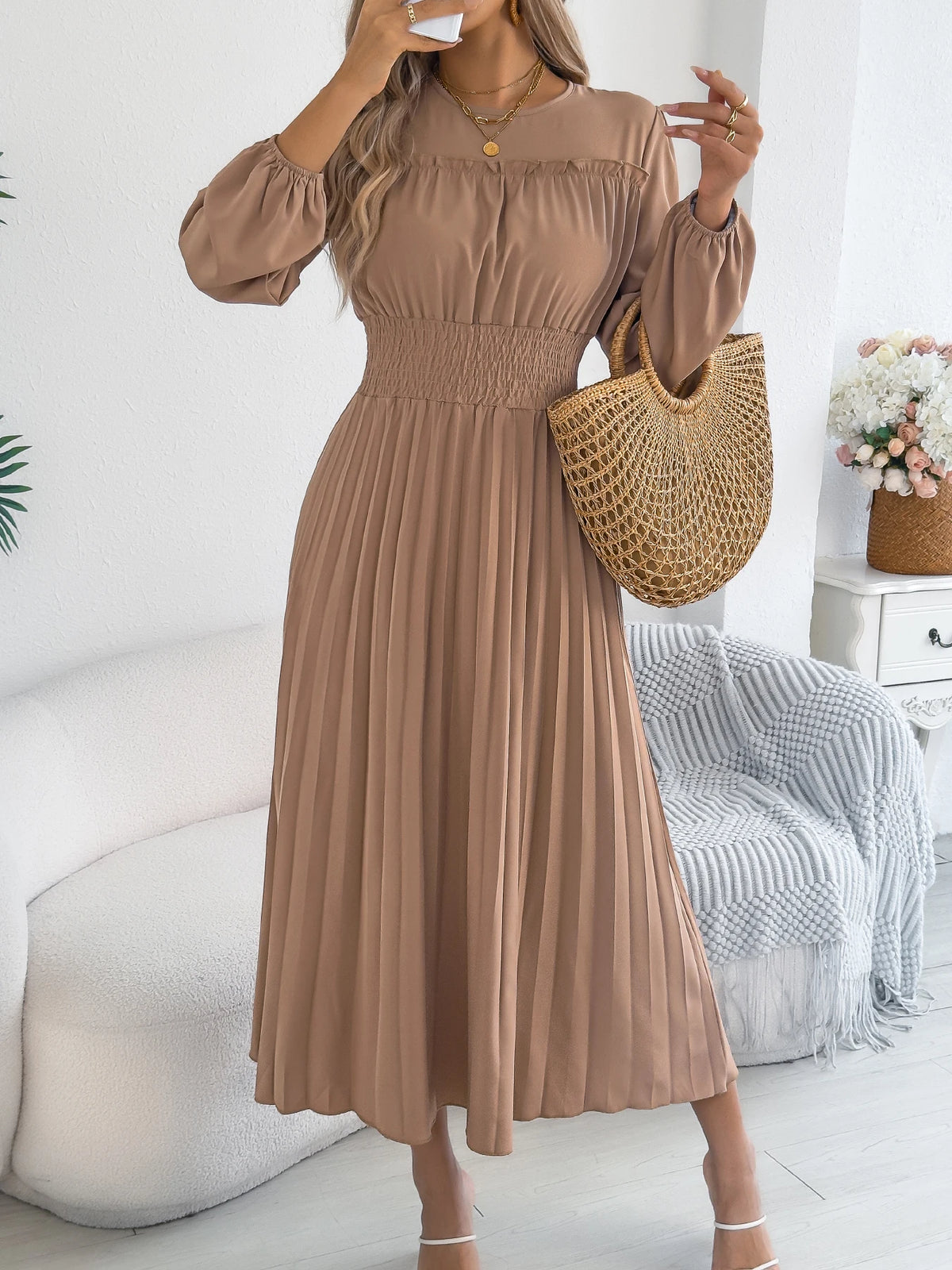 High Waist Long Sleeve Solid Maxi Dress — Casual Elegant Autumn Winter Women's Dress