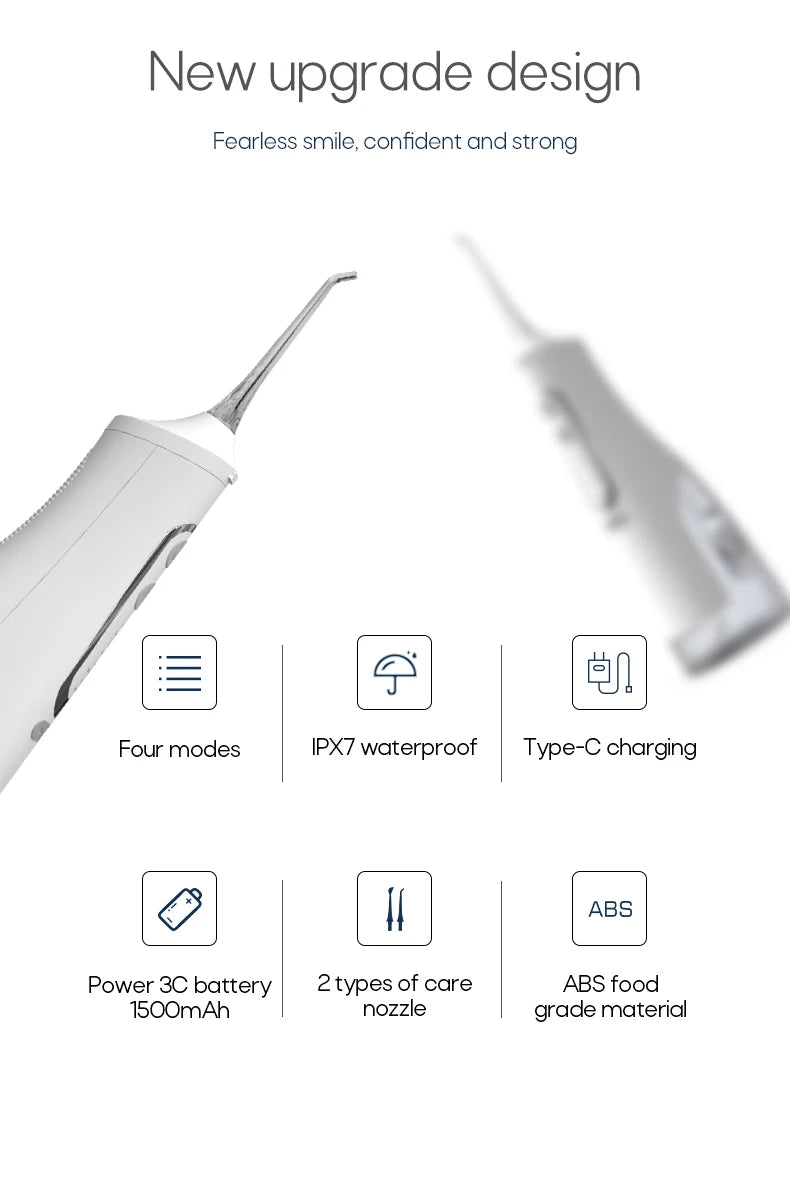 Portable Oral Irrigator – USB Rechargeable, 310ml Tank, 4 Pressure Modes, IPX7, 4 Nozzles