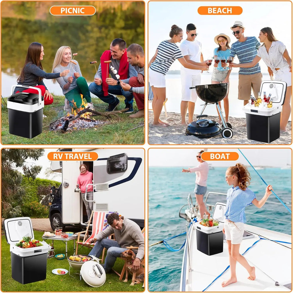 Portable 12V DC Car Refrigerator — 28 Quart Electric Cooler & Warmer with Auto Locking Handle for Travel & Camping