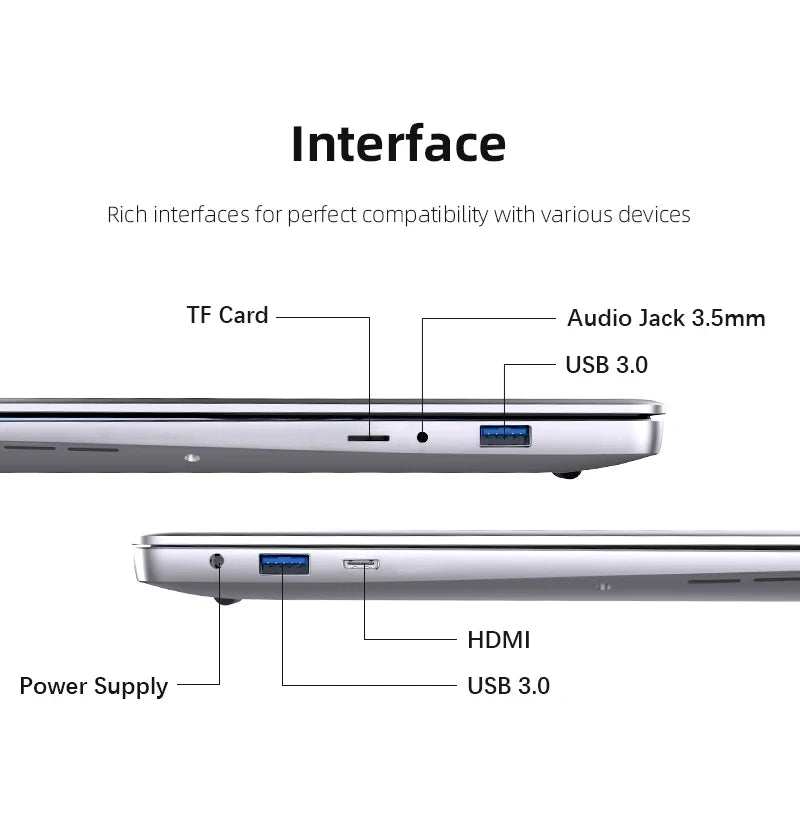 14.1" Intel Atom A3950 Ultra Slim Laptop – 12GB DDR3, Up to 2TB SSD, Windows 11 Pro