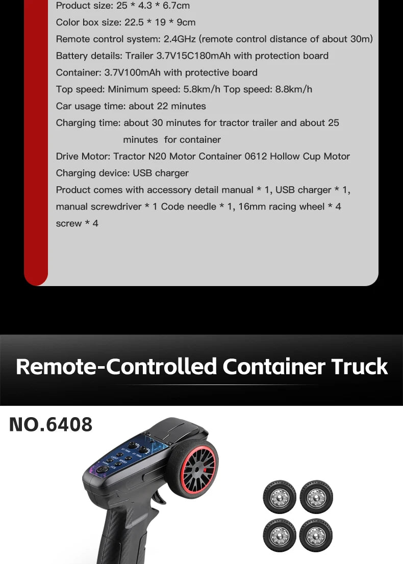 1:64 Mini Alloy RC Container Truck with Trailer – 4WD Drift Remote Control Tractor for Kids