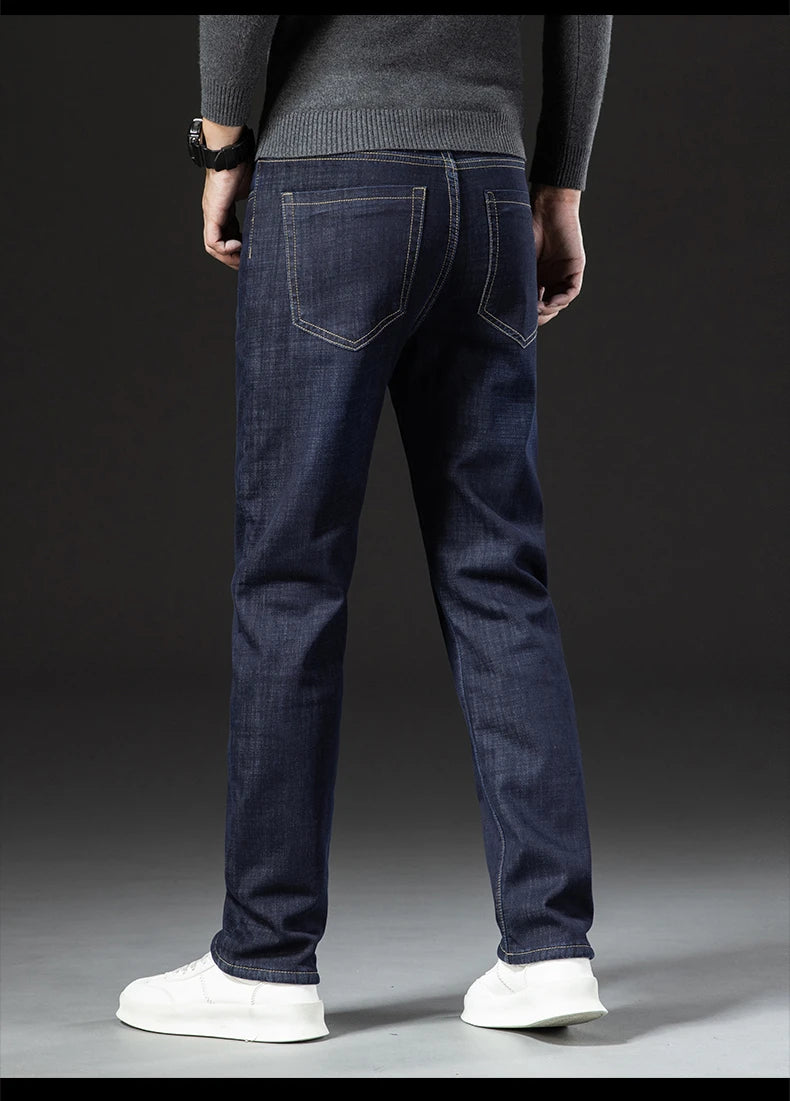 Men's Fleece-Lined Straight Denim Jeans — Warm Thick Winter Stretch Jeans