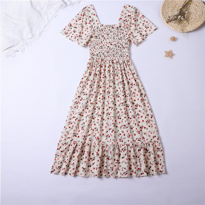 Women's Chiffon Floral Pleated Midi Dress – Short Sleeve Elastic Waist Backless Casual Dress