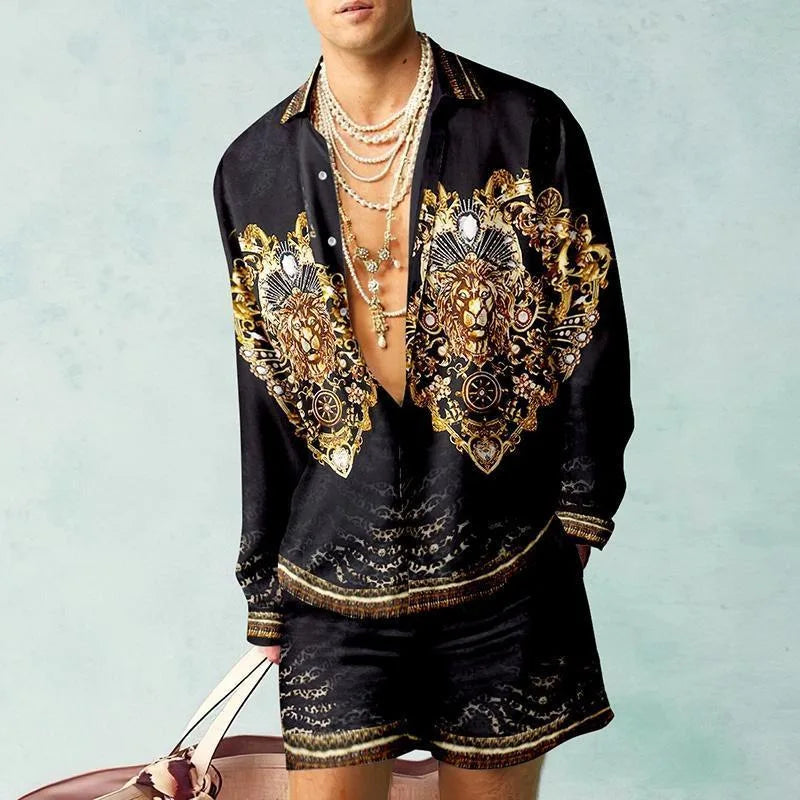 Men's Hawaiian Print Shirt & Drawstring Shorts Beach Vacation Set