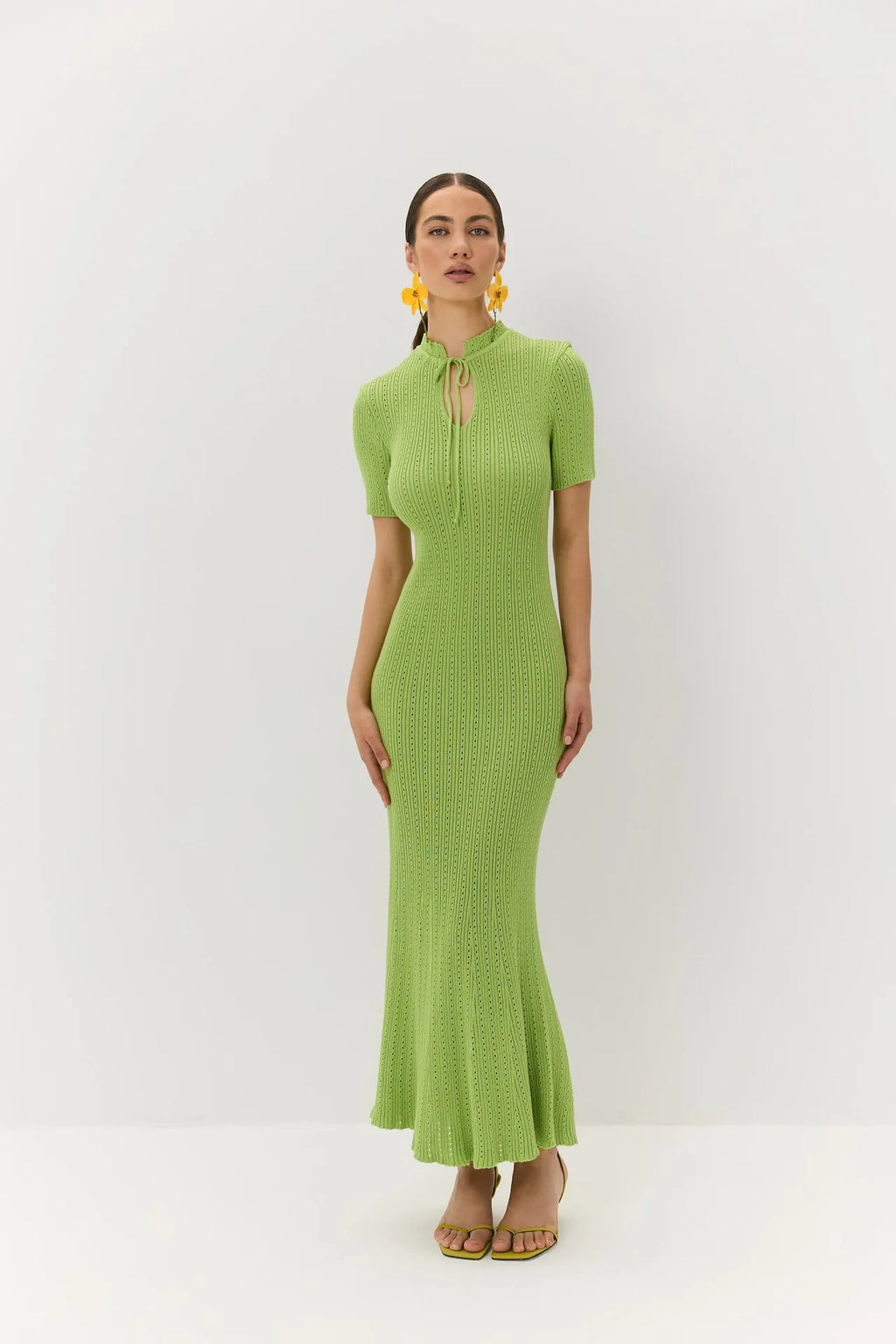 Tossy Knit Hollow Out Lace-Up Dress – Ribbed Short Sleeve Patchwork High Waist Elegant Long Dress