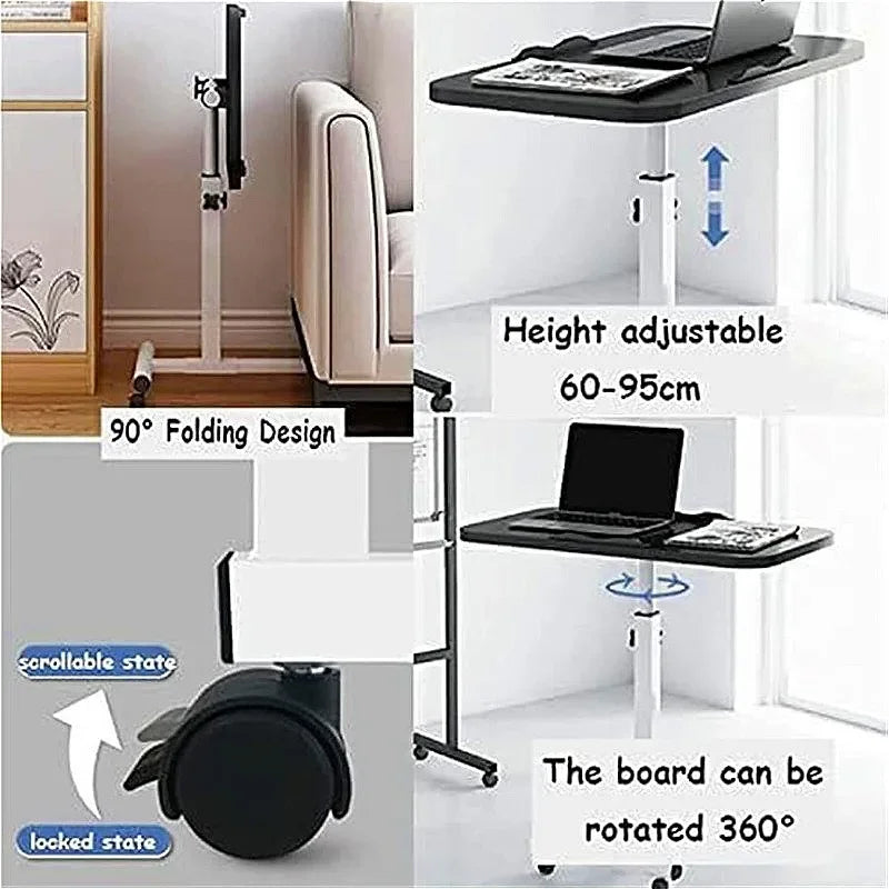 Portable Bedside Laptop Desk with Drawers — 360° Rotating Board, Adjustable Height & Lockable Wheels