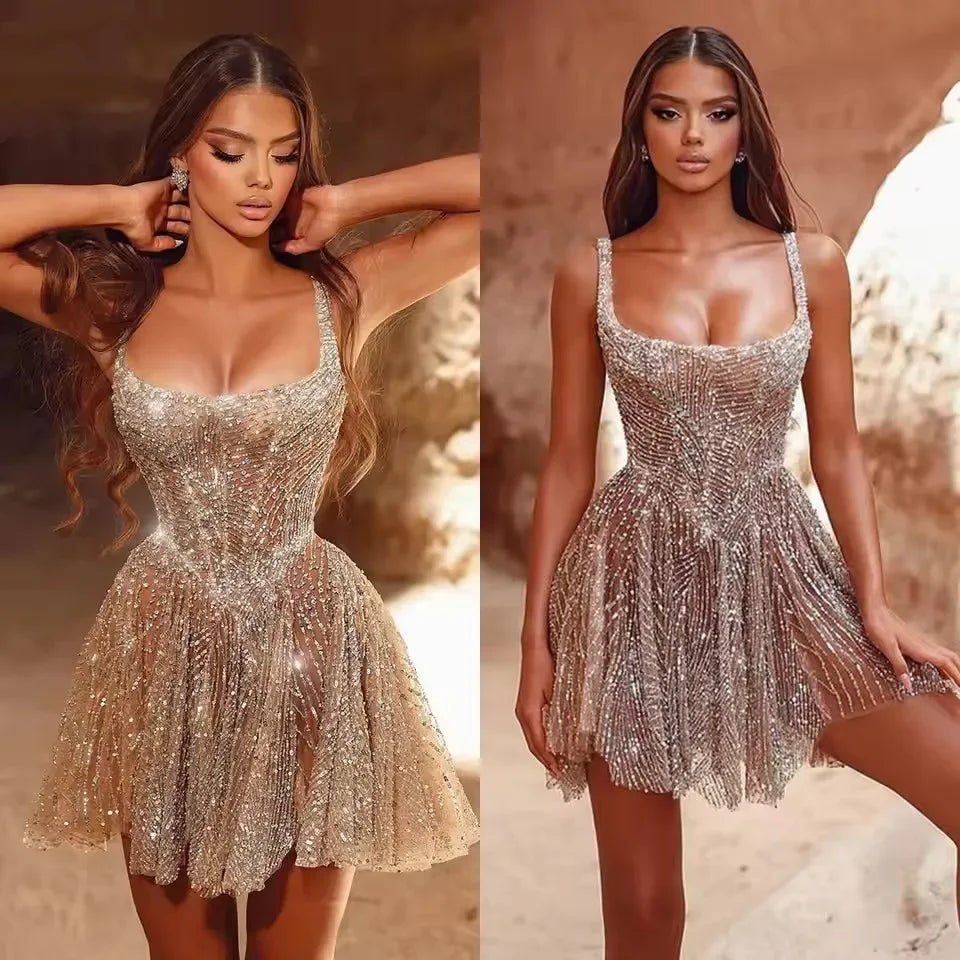 Shiny Mini A-Line Graduation Dress | Square Neck Cocktail Party Dress
