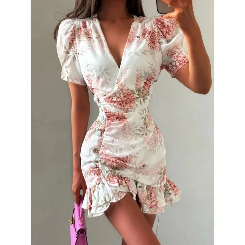 Women's Floral Ruffle Slim Dress – Deep V-Neck Double Layered Ruffled Hem Party & Daily Gown