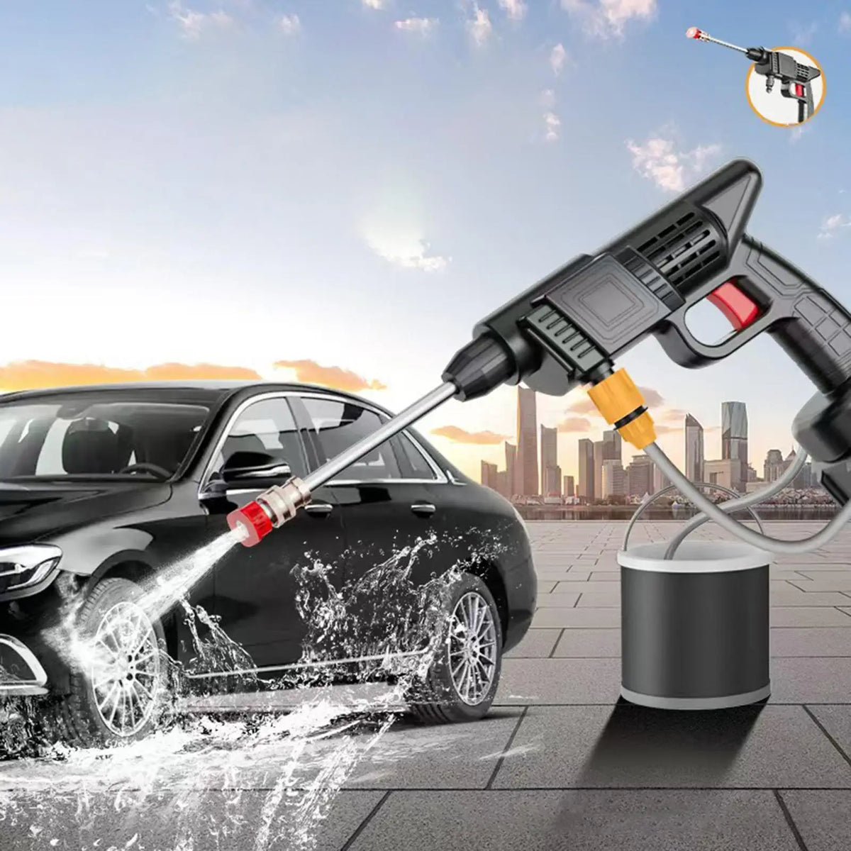 Cordless High-Pressure Washer Gun – 3-Level Pressure, 5–8m Spray Range, Car Wash & Garden Cleaning (EU Plug)