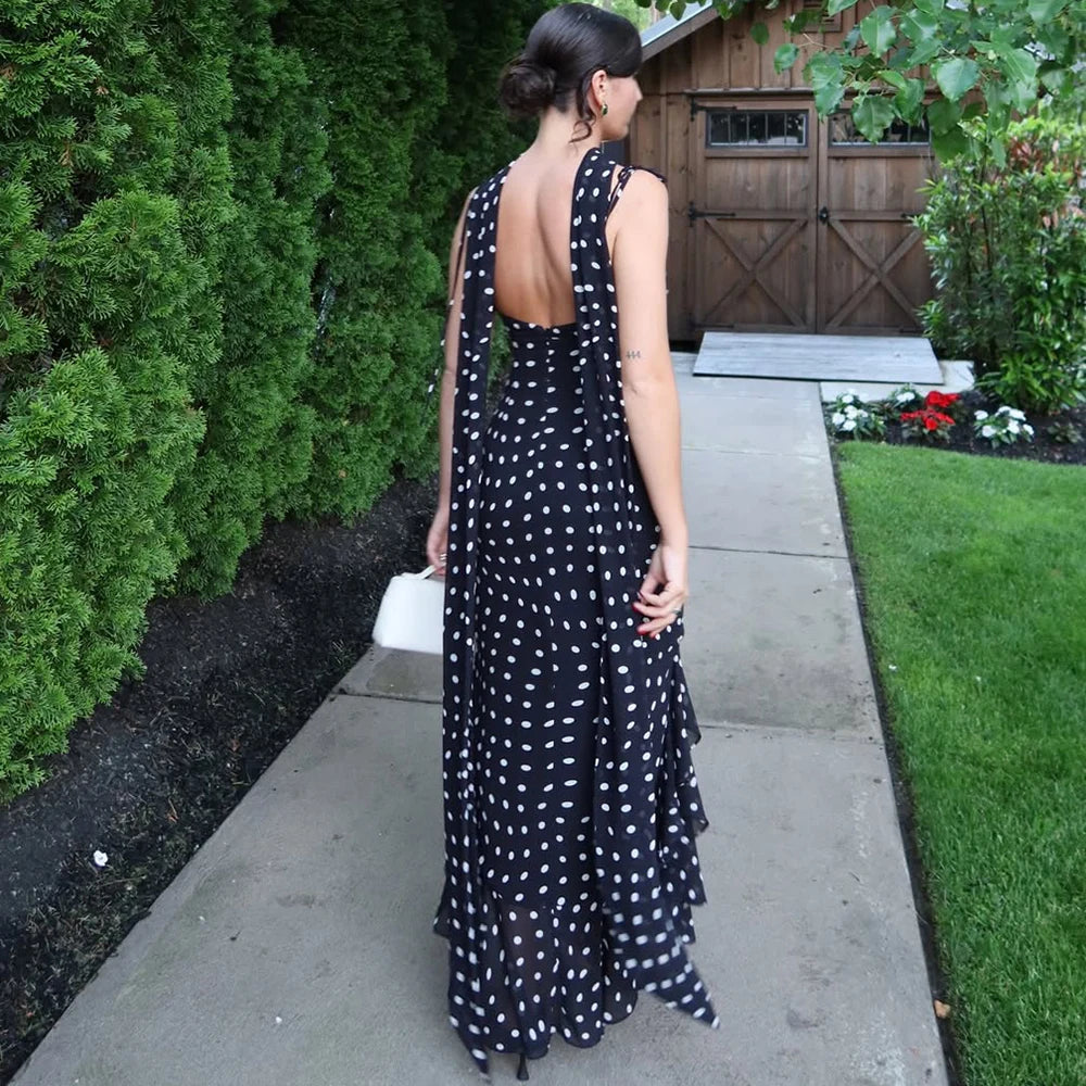 Elegant Polka Dot Halter Pleated Maxi Dress – Ruffle Sleeveless Evening & Party Dress
