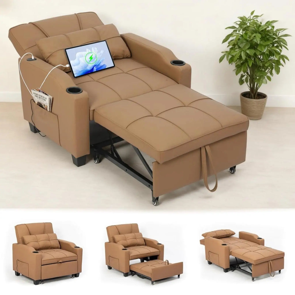 Brown 3-in-1 convertible sleeper chair bed with faux leather upholstery, adjustable backrest and pull-out sleeping surface