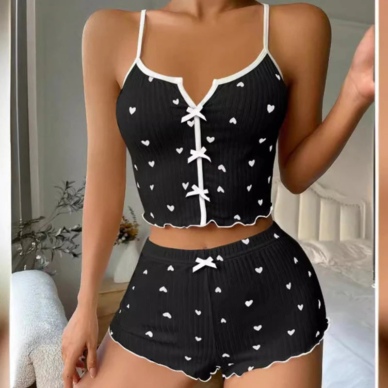 Women's Heart Print Frill Trim Cami Top & Shorts Pajama Set | Soft Ribbed Loungewear